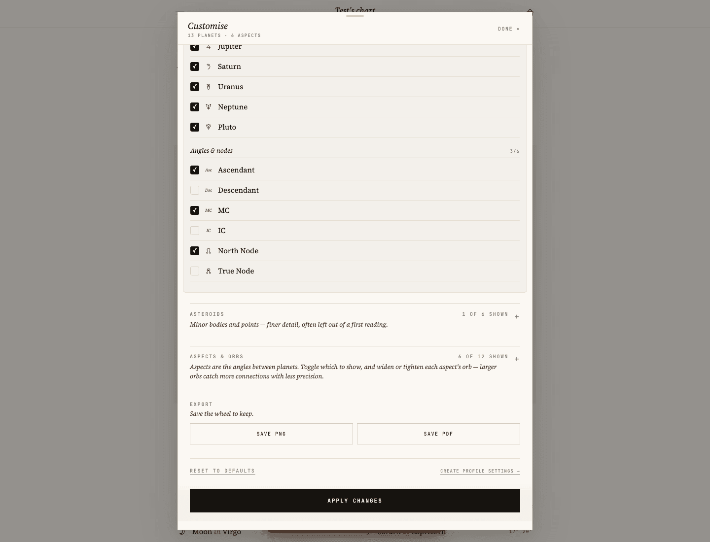 Astro-Charts customization panel showing North Node enabled and True Node disabled