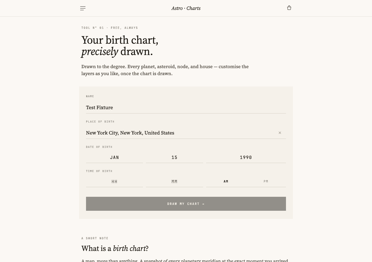 Astro-Charts blank-time test result showing a generated chart