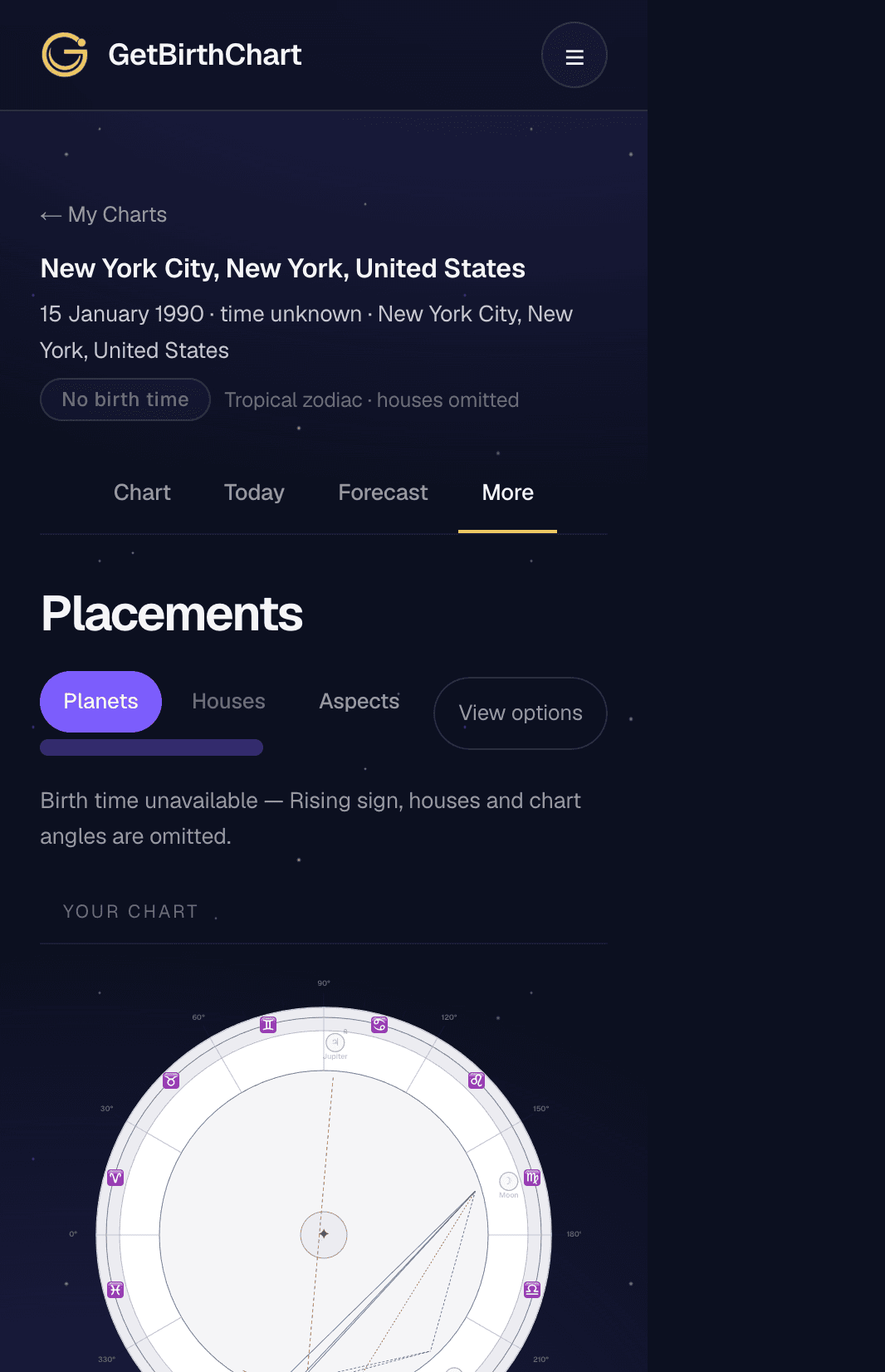 GetBirthChart unknown-time mobile result showing houses omitted and Rising unavailable